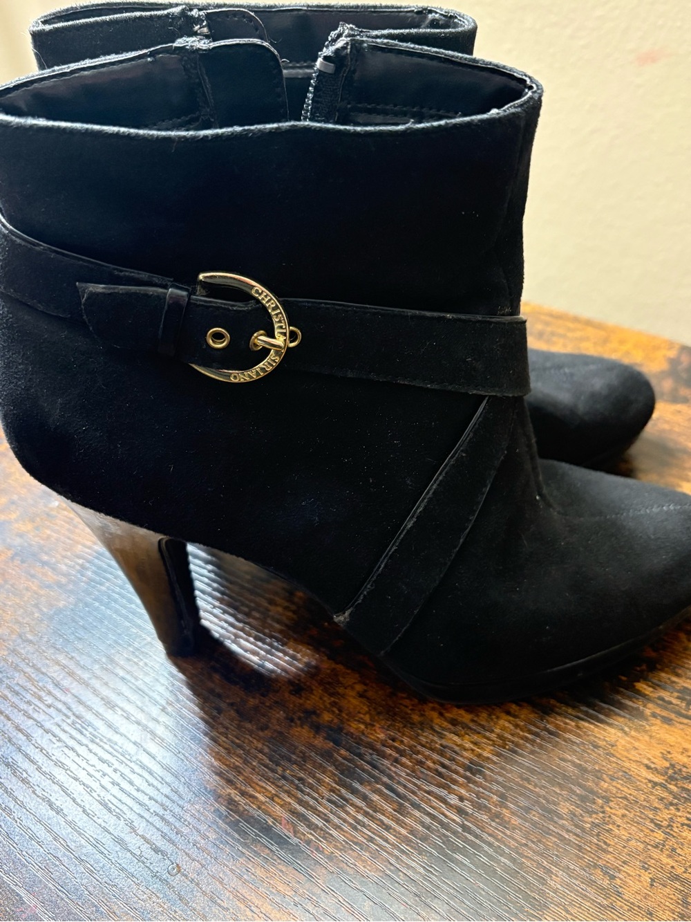 Christian Siriano Black Suede Ankle Booties with Gold Logo Buckle